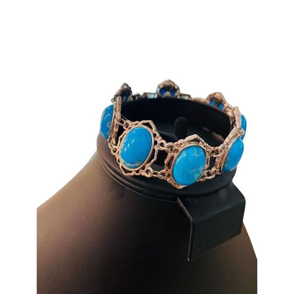 JBK Signed Faux Turquoise Link Bracelet Jacqueline Kennedy 1980s 7-8.2" Adjustab - Picture 12 of 16